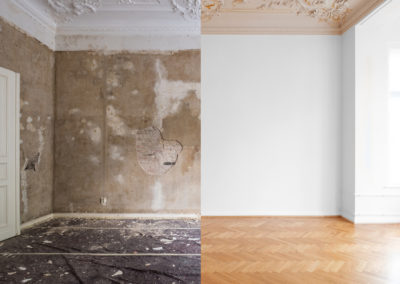 Zimmer der Wohnung während der Renovierung, vor und nach der Restaurierung /